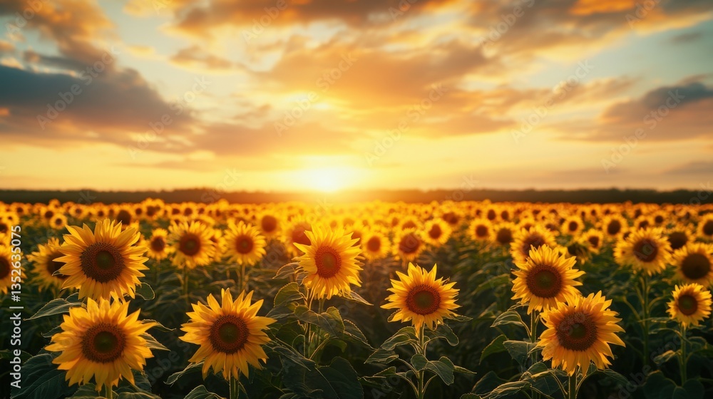 Obraz premium Beautiful vibrant sunflowers field glows under a warm sunset golden light
