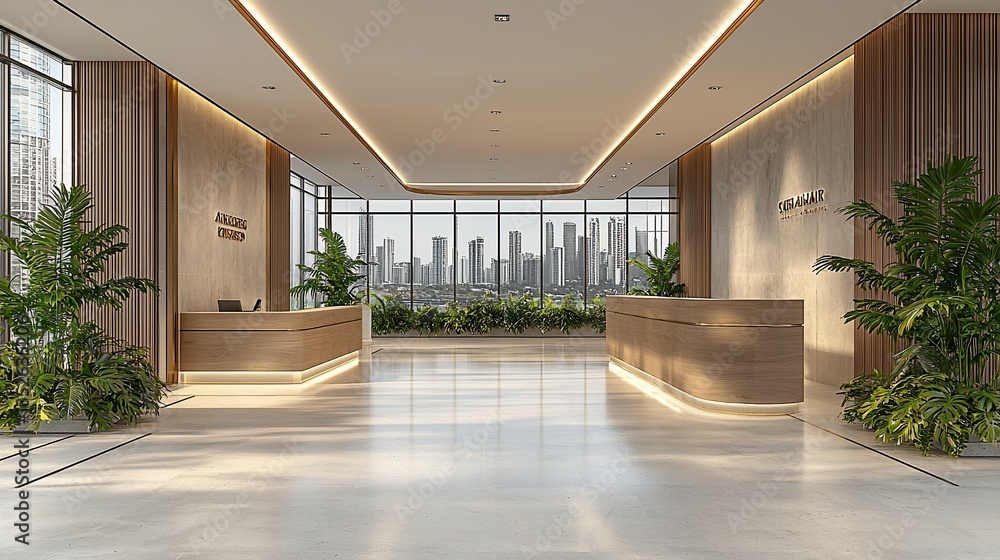 Modern Office Reception Area with City View Modern Office Reception Area with City View