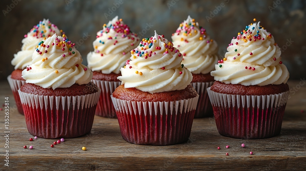 Red velvet cupcakes cream cheese frosting topped with sprinkles served in a cupcake liner a beloved bakery treat Red velvet cupcakes cream cheese frosting topped with sprinkles served in a cupcake liner a beloved bakery treat