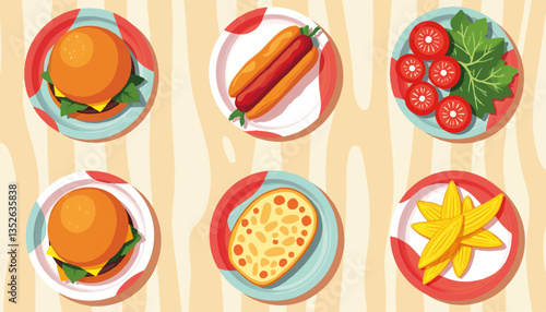 Colorful barbecue platters with tasty food on wooden table, summer feast