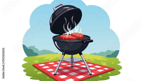 Classic charcoal grill cooking steak on picnic blanket, outdoor fun