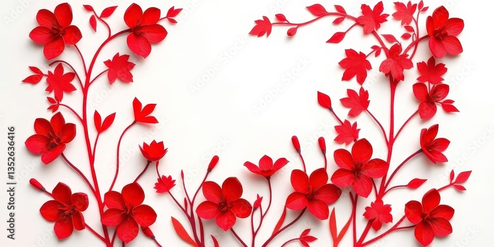 Intricate paper cut design of red desert flowers and leaves on white background, cut out, nature Intricate paper cut design of red desert flowers and leaves on white background, cut out, nature
