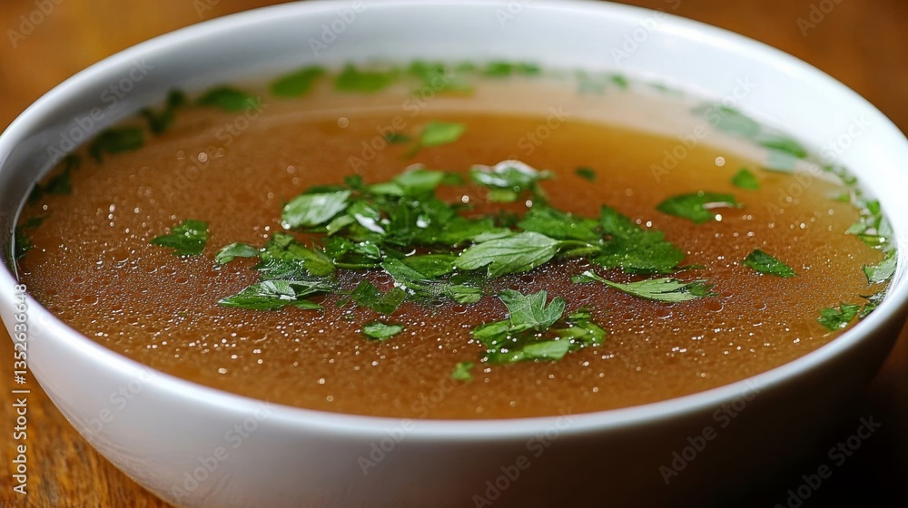 Clear Broth in White Bowl Topped with Fresh Parsley, Soup, HealthyFood Clear Broth in White Bowl Topped with Fresh Parsley, Soup, HealthyFood