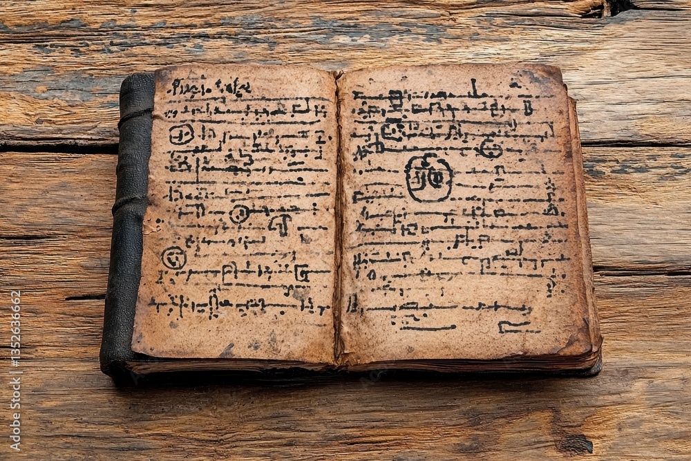 Naklejka premium Antique Open Book on Rustic Wooden Surface