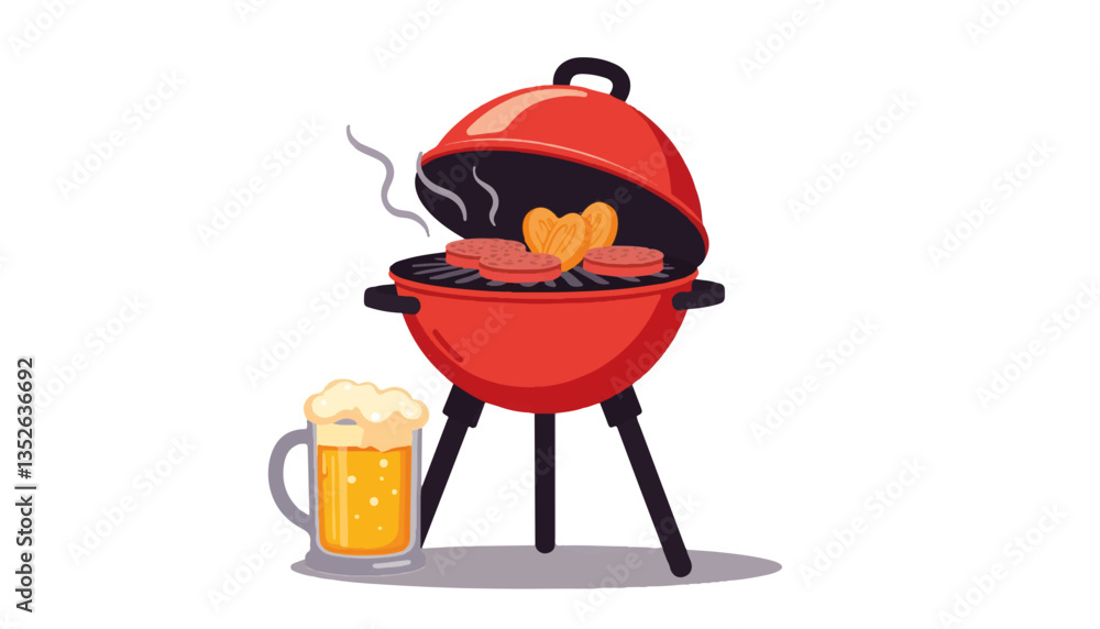 Classic charcoal grill with sausages and beer, summer BBQ vibe