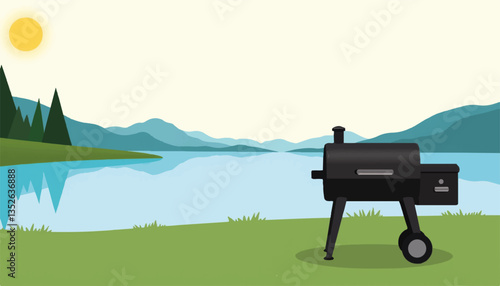 Cylindrical barbecue smoker by serene lake, outdoor cooking enjoyment