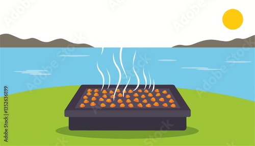 Hibachi grill steaming in serene lakeside setting, outdoor cooking