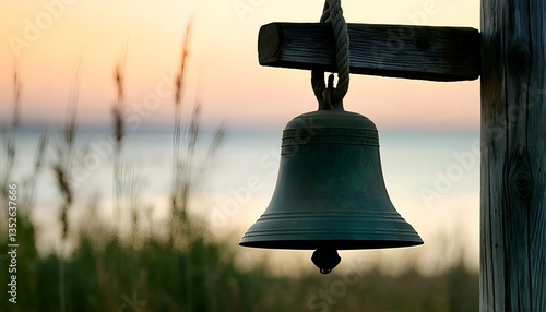 Wallpaper Mural A large metal bell hanging from a wooden beam near a body of water at sunset. Torontodigital.ca