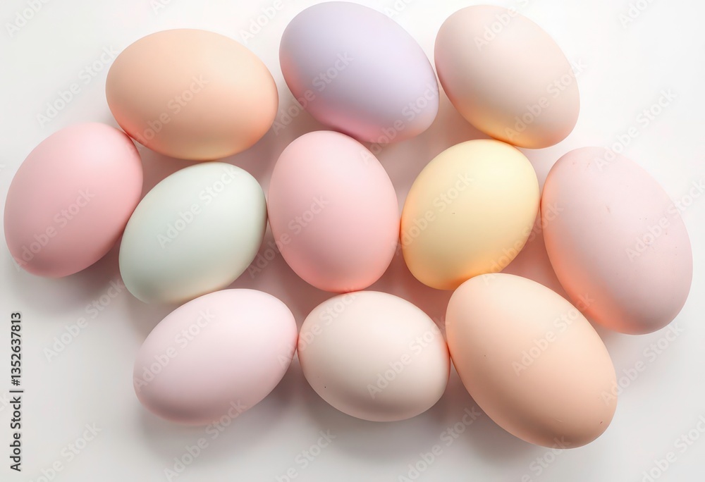 Several pastel-colored eggs arranged on a clean white background, design, eggs Several pastel-colored eggs arranged on a clean white background, design, eggs