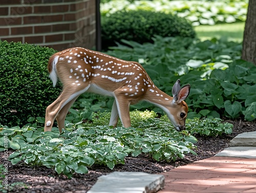 A spotted fawn eats plants beside a brick home in daylight