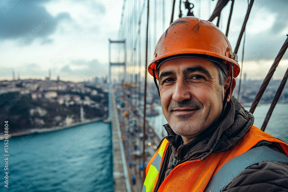Portrait of a bridge construction worker in safety gear, highlighting strength, dedication, and the human presence behind large-scale infrastructure projects. The image emphasizes the vital role of wo