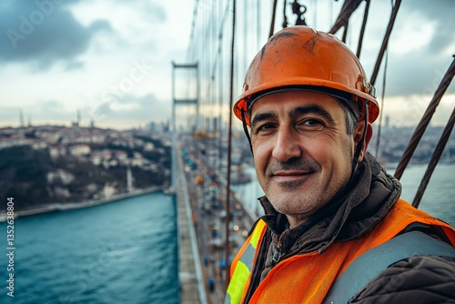 Obraz na płótnie Portrait of a bridge construction worker in safety gear, highlighting strength, dedication, and the human presence behind large-scale infrastructure projects. The image emphasizes the vital role of wo w salonie