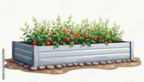 Modern raised garden bed with ripe tomatoes, sustainable gardening