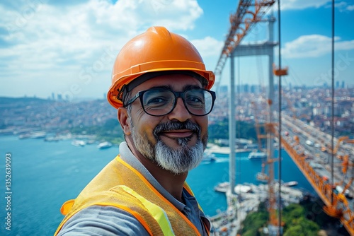Portrait of a bridge construction worker in safety gear, highlighting strength, dedication, and the human presence behind large-scale infrastructure projects. The image emphasizes the vital role of wo