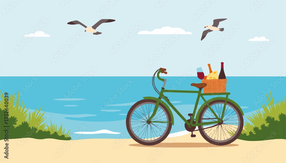 Fototapeta premium Minimalist green bicycle with picnic basket by coastal path, summer leisure