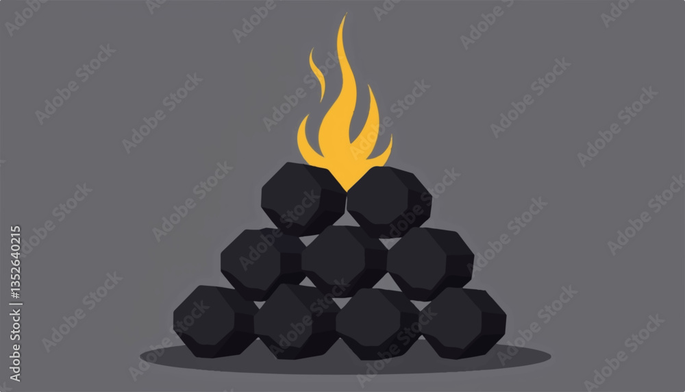 Stack of charcoal briquettes with flames, grilling preparation