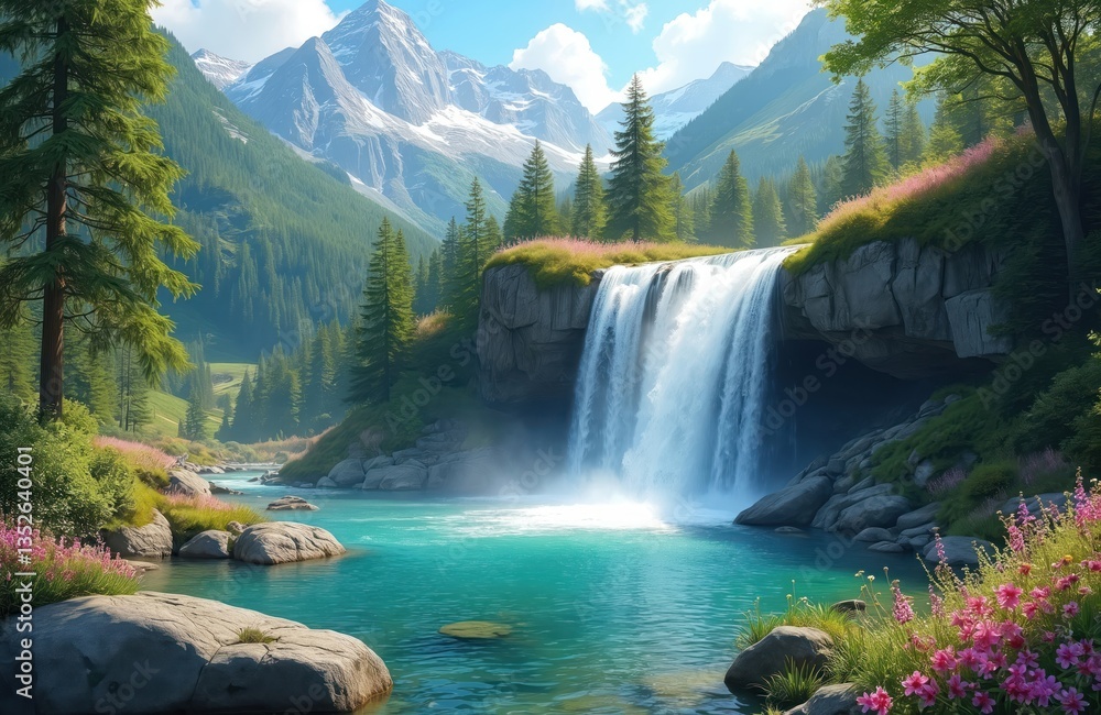 Fototapeta premium Scenic illustration waterfall surrounded by mountains green forest. Clear water pool below. Green trees, rocks, flowers, blue sky. Peaceful nature landscape. Ideal for travel, tourism, vacation,