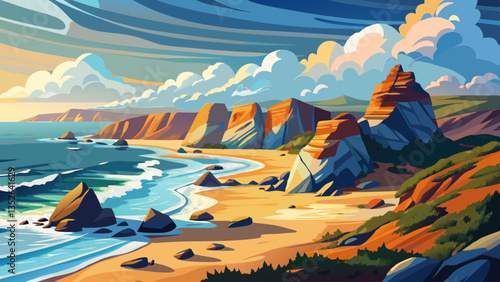 Portugal Ursa Beach at atlantic coast of Atlantic Ocean with rocks and sunset sun waves and foam at sand of coastline picturesque landscape panorama.