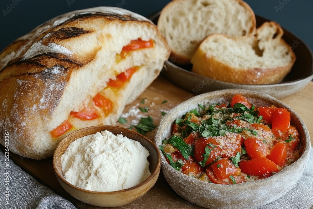 Freshly baked artisan bread filled with sliced tomatoes, garnished with herbs. A side dish of roasted tomatoes Freshly baked artisan bread filled with sliced tomatoes, garnished with herbs. A side dish of roasted tomatoes