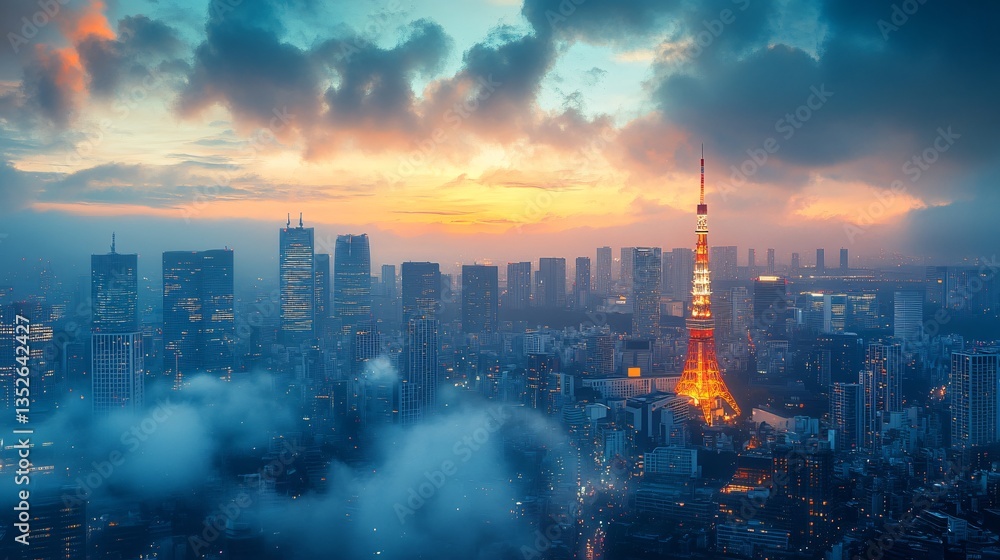 Obraz premium Urban cityscape of Tokyo, Japan, showcasing its modern skyline, high-rise buildings, and vibrant metropolitan atmosphere. The view highlights the dynamic blend of advanced architecture, dense city lay
