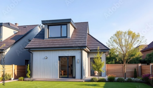 Sleek modern semi-detached home, flat roof dormer, aluminum facade, contemporary architecture, grey