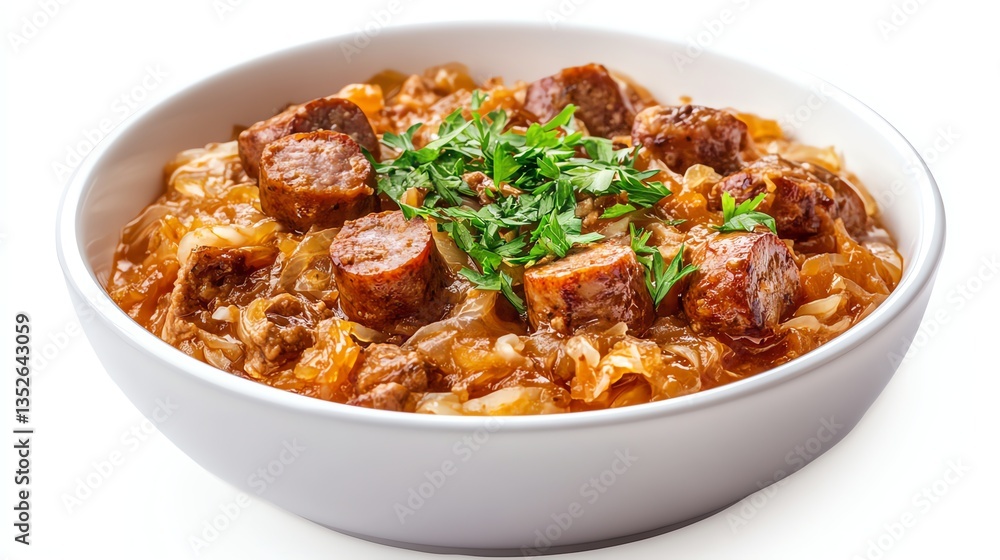 Sausage and Cabbage Stew in White Bowl with Parsley Garnish Sausage and Cabbage Stew in White Bowl with Parsley Garnish