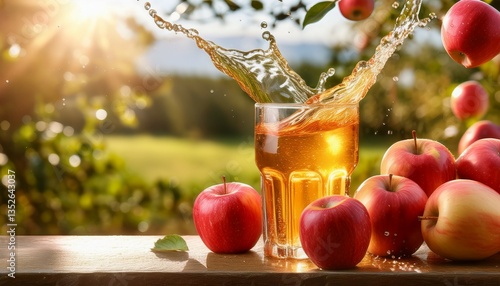 chilled apple juice with splash next to fresh apples outdoors