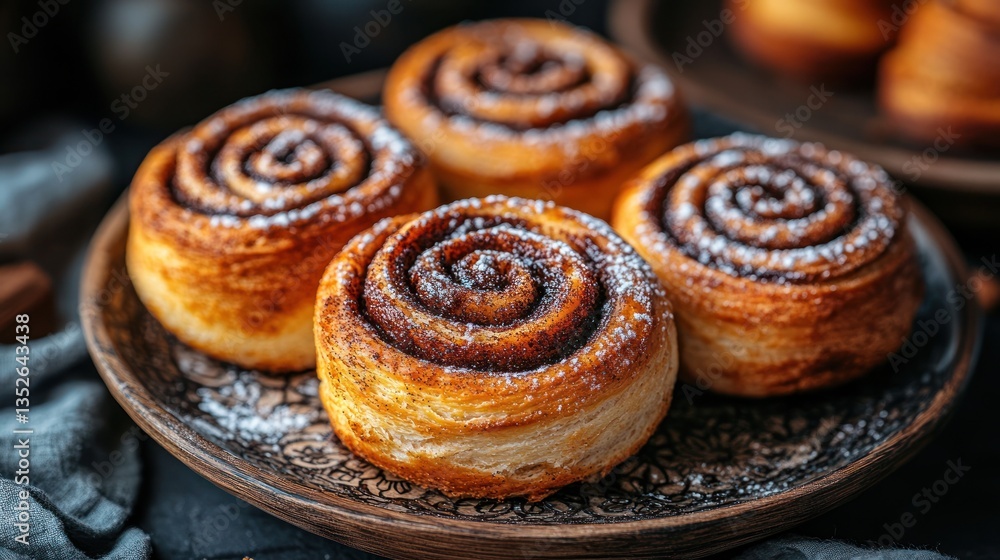 Freshly baked cinnamon rolls, dusted with powdered sugar, on a rustic plate Freshly baked cinnamon rolls, dusted with powdered sugar, on a rustic plate