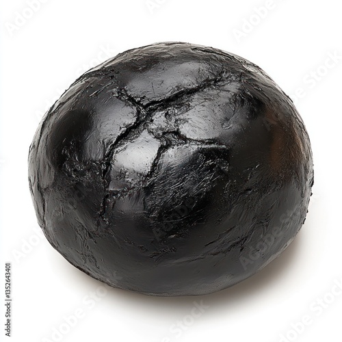 Closeup shot of a smooth shiny black charcoal or coal sphere a natural mineral formation with a glossy monochromatic texture and simple abstract appearance