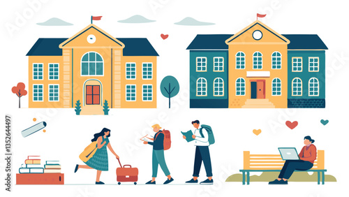 Vector illustration of diverse students walking with books and backpacks in front of a school building, symbolizing education, campus life, student lifestyle, and learning
