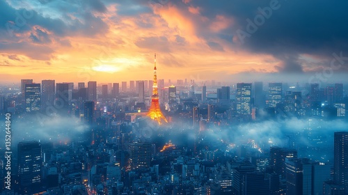Obraz na płótnie Urban cityscape of Tokyo, Japan, showcasing its modern skyline, high-rise buildings, and vibrant metropolitan atmosphere. The view highlights the dynamic blend of advanced architecture, dense city lay w salonie