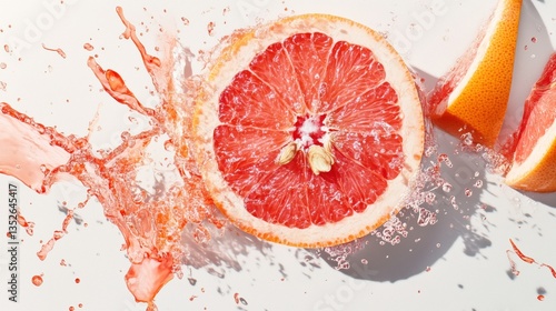 A vibrant grapefruit sliced in half with water splashing around it.
