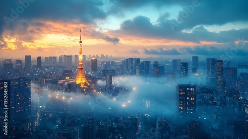 Obraz na płótnie Urban cityscape of Tokyo, Japan, showcasing its modern skyline, high-rise buildings, and vibrant metropolitan atmosphere. The view highlights the dynamic blend of advanced architecture, dense city lay w salonie