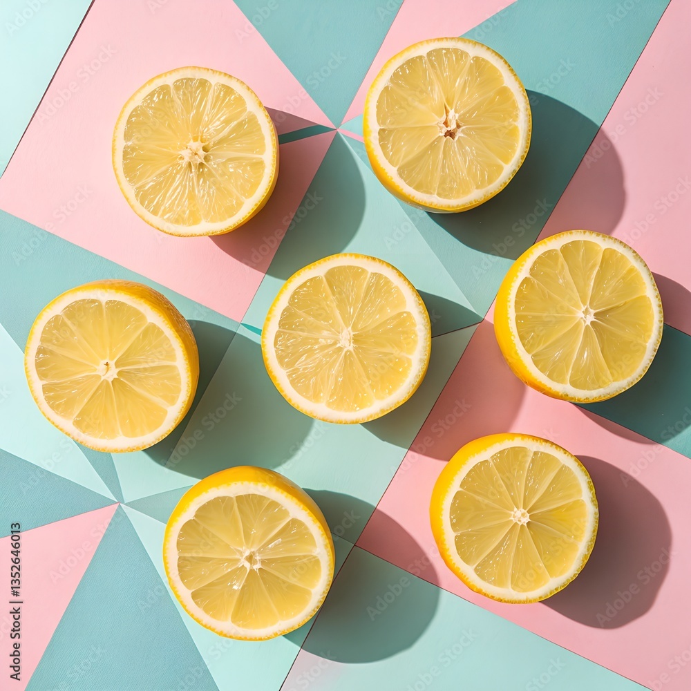 Obraz premium Sliced yellow lemons on a pale and blue pink background in a repeating pattern