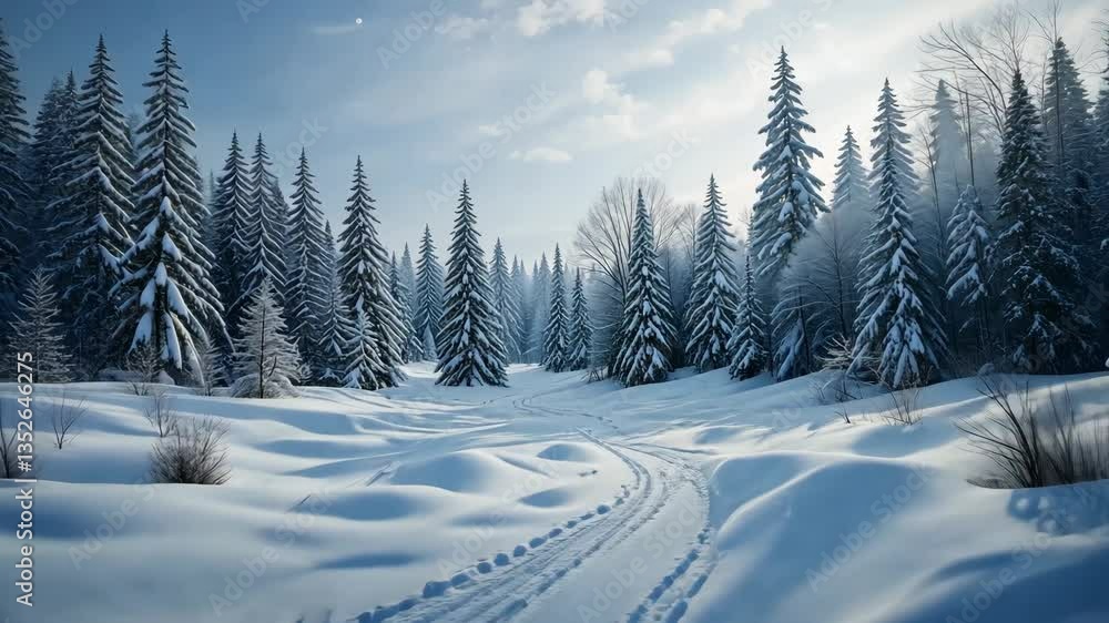 Snow Covered Evergreen Forest with Ski Tracks Under Bright Blue Sky and Sunlight Winter Scenery Snow Covered Evergreen Forest with Ski Tracks Under Bright Blue Sky and Sunlight Winter Scenery