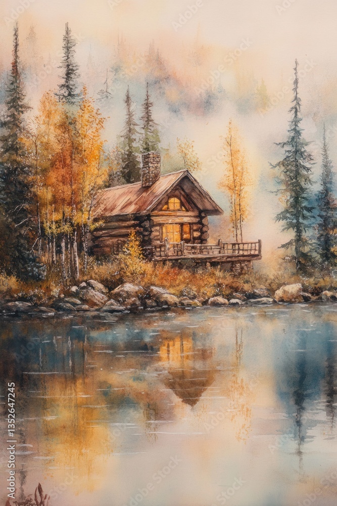 Fototapeta premium A Cozy Log Cabin Beside Reflective Water And Surrounding Trees
