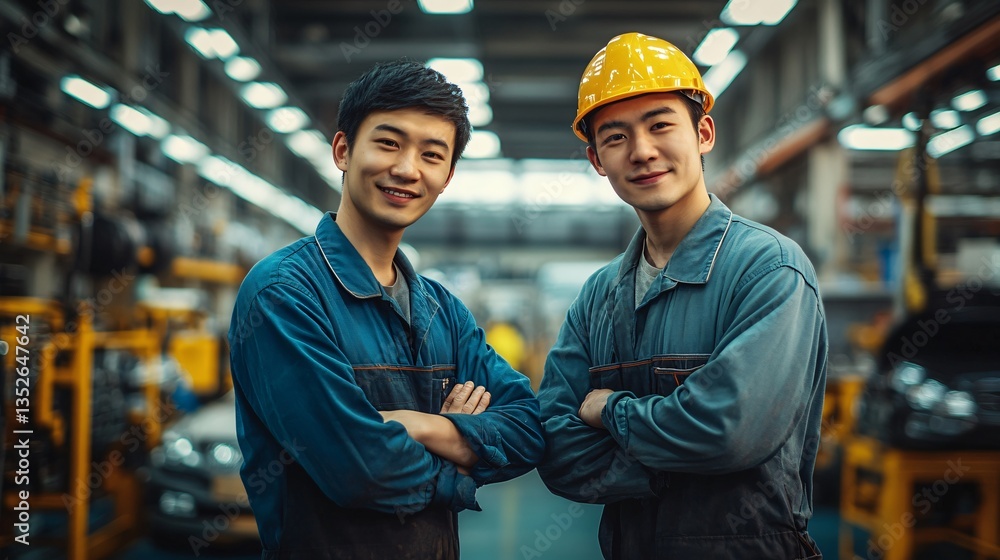 Portrait of a smiling Asian employee in a factory setting, reflecting a positive and hardworking atmosphere. The image captures the sense of dedication, professionalism, and the pride of contributing