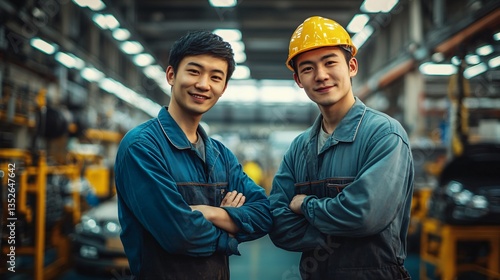 Obraz na płótnie Portrait of a smiling Asian employee in a factory setting, reflecting a positive and hardworking atmosphere. The image captures the sense of dedication, professionalism, and the pride of contributing w salonie