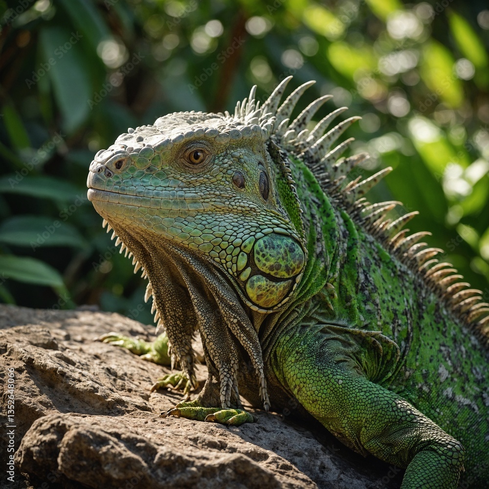 iguana on a tree An iguana basking on a sunlit rock in a vibrant rainforest. Majestic iguana resting on a branch with vibrant green foliage in a lush environment