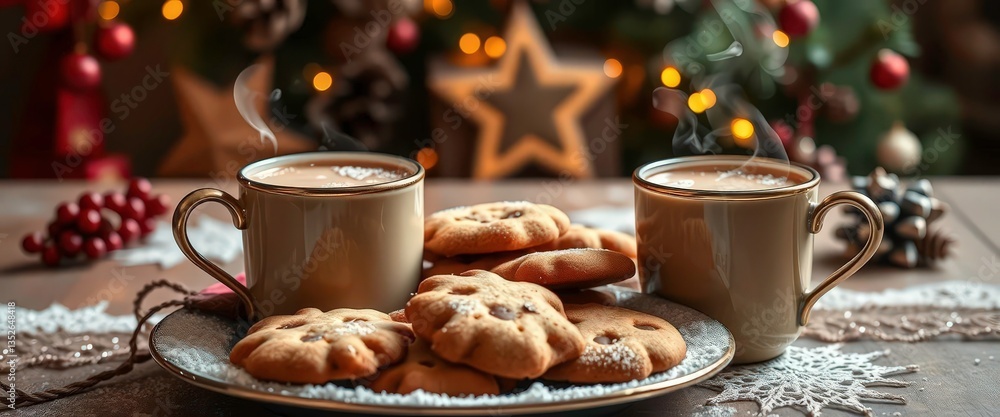 Steaming mugs of hot chocolate & a plate of freshly baked Christmas cookies, candy cane, cinnamon Steaming mugs of hot chocolate & a plate of freshly baked Christmas cookies, candy cane, cinnamon
