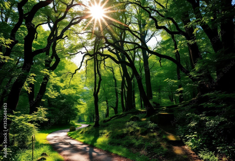 Sun-dappled path curves through vibrant green forest, ancient trees overhead, stock, trail Sun-dappled path curves through vibrant green forest, ancient trees overhead, stock, trail