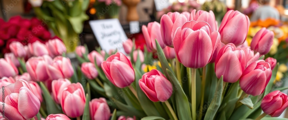 Fototapeta premium Pink tulip bouquet at flower market stall, spring blooms, floral, bloom