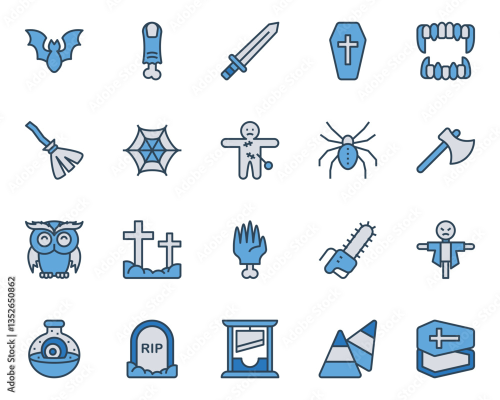 Filled blue outline icons set for Halloween. Filled blue outline icons set for Halloween.