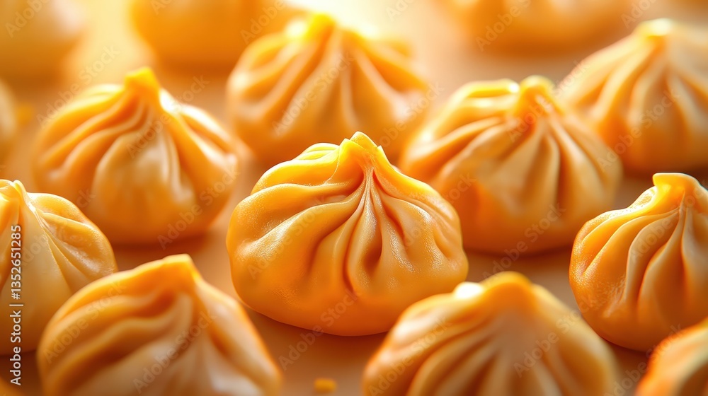 Dumplings arranged artfully on a wooden surface in a warm kitchen setting, showcasing their delicate folds and inviting color, ready to be steamed for a delicious meal Dumplings arranged artfully on a wooden surface in a warm kitchen setting, showcasing their delicate folds and inviting color, ready to be steamed for a delicious meal