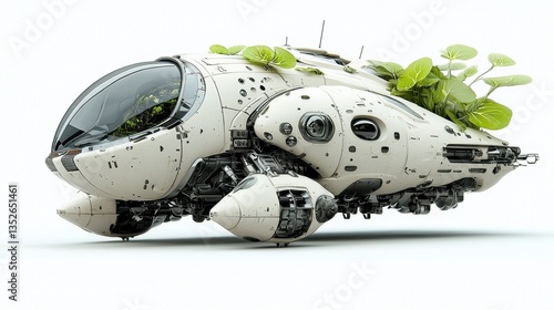 Futuristic White Spaceship with Green Plants