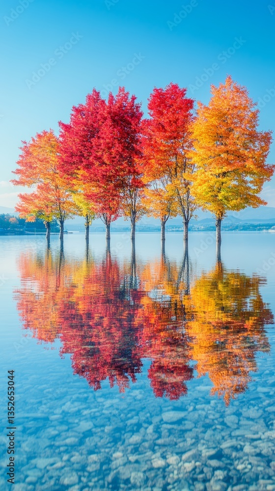 A row of colorful maple trees on the lake shore, reflecting in the clear water, with a clear sky. A row of colorful maple trees on the lake shore, reflecting in the clear water, with a clear sky.