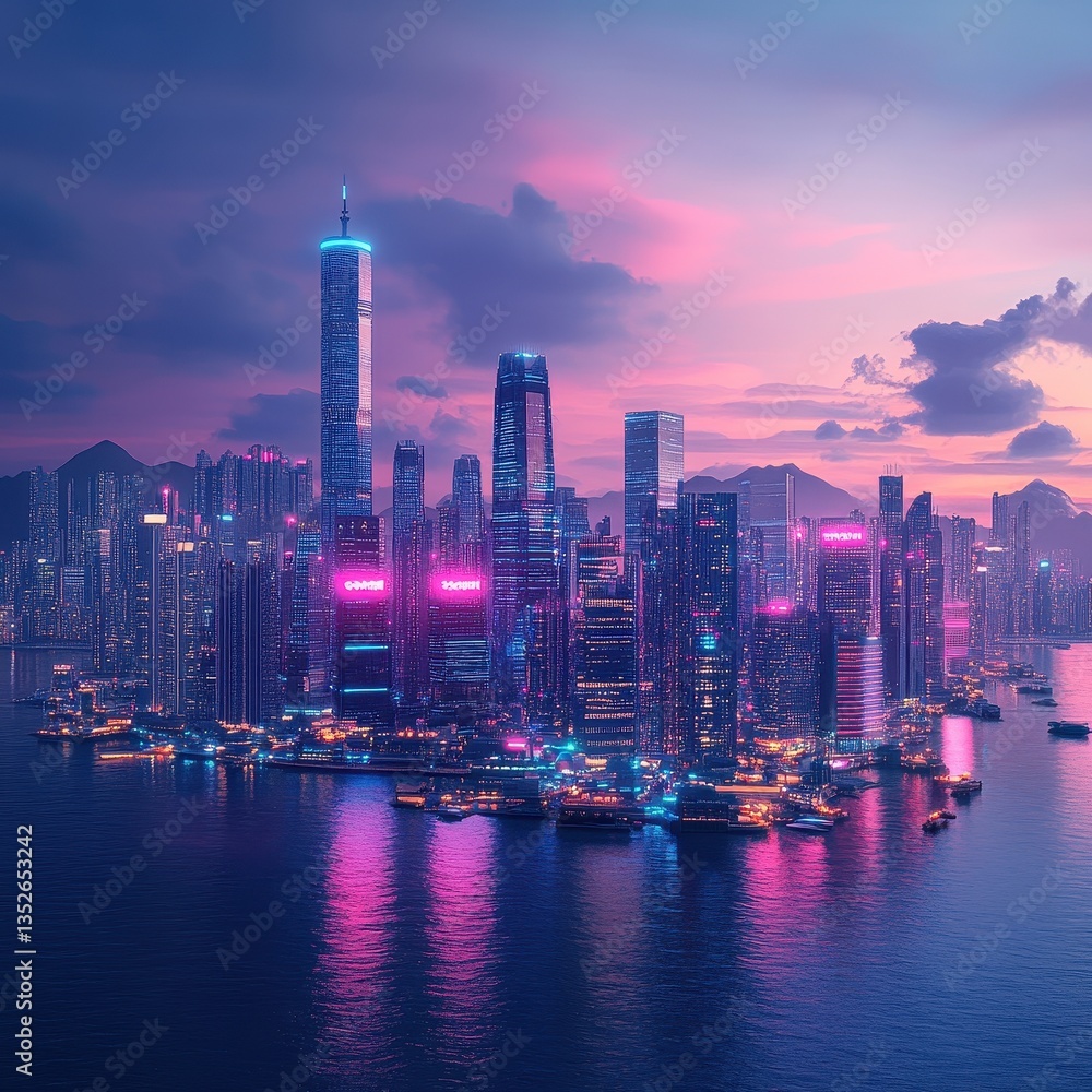 Obraz premium A vibrant cityscape is illuminated by colorful neon lights