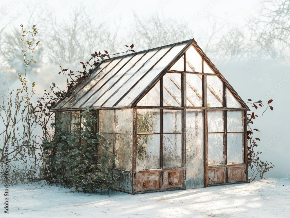 A rustic, weathered glass greenhouse sits amidst frost-covered plants, evoking a sense of quiet solitude. A rustic, weathered glass greenhouse sits amidst frost-covered plants, evoking a sense of quiet solitude.