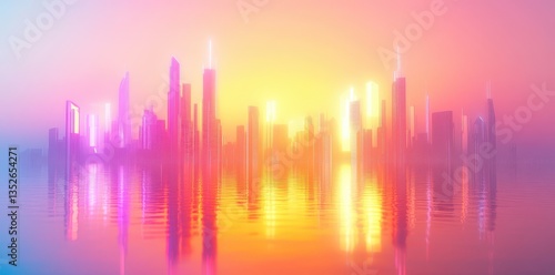 Illuminated city skyscrapers reflect brilliantly upon a shimmering water surface