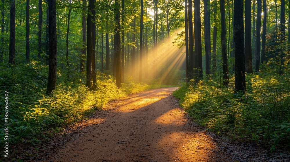 Obraz premium Sunbeams illuminate path through lush green forest.